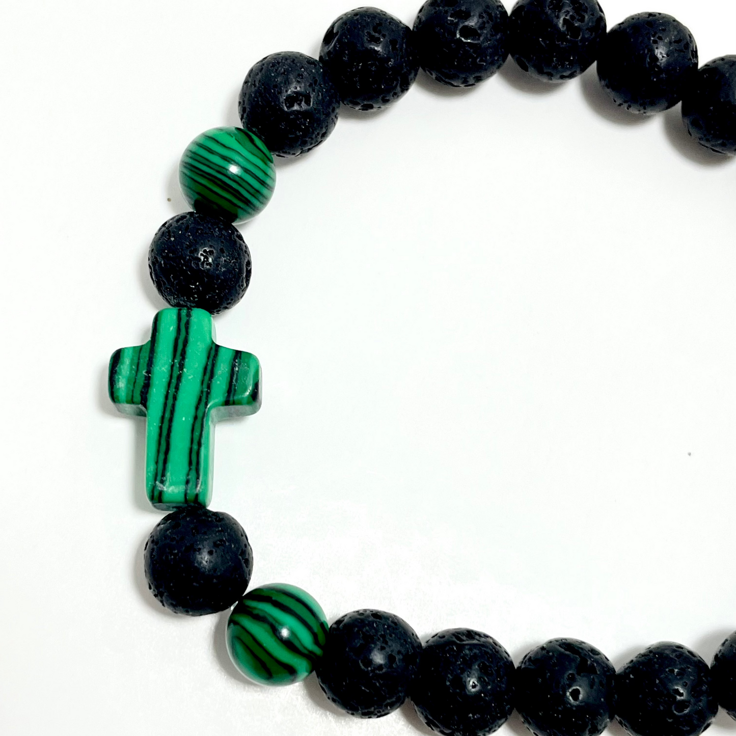 ✝️ Faithfully Rooted: 8mm Lava Stone & Malachite Diffuser Cross Bracelet