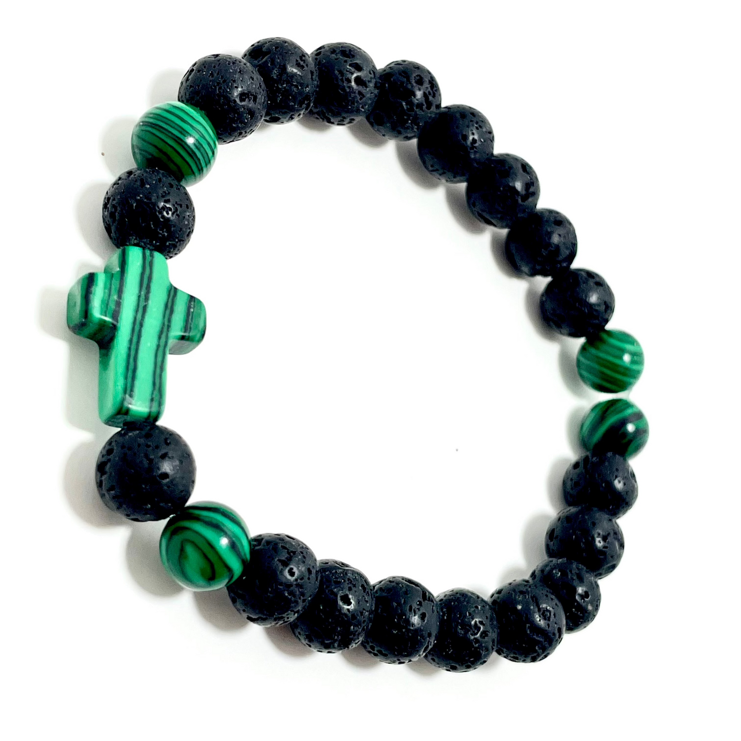 ✝️ Faithfully Rooted: 8mm Lava Stone & Malachite Diffuser Cross Bracelet