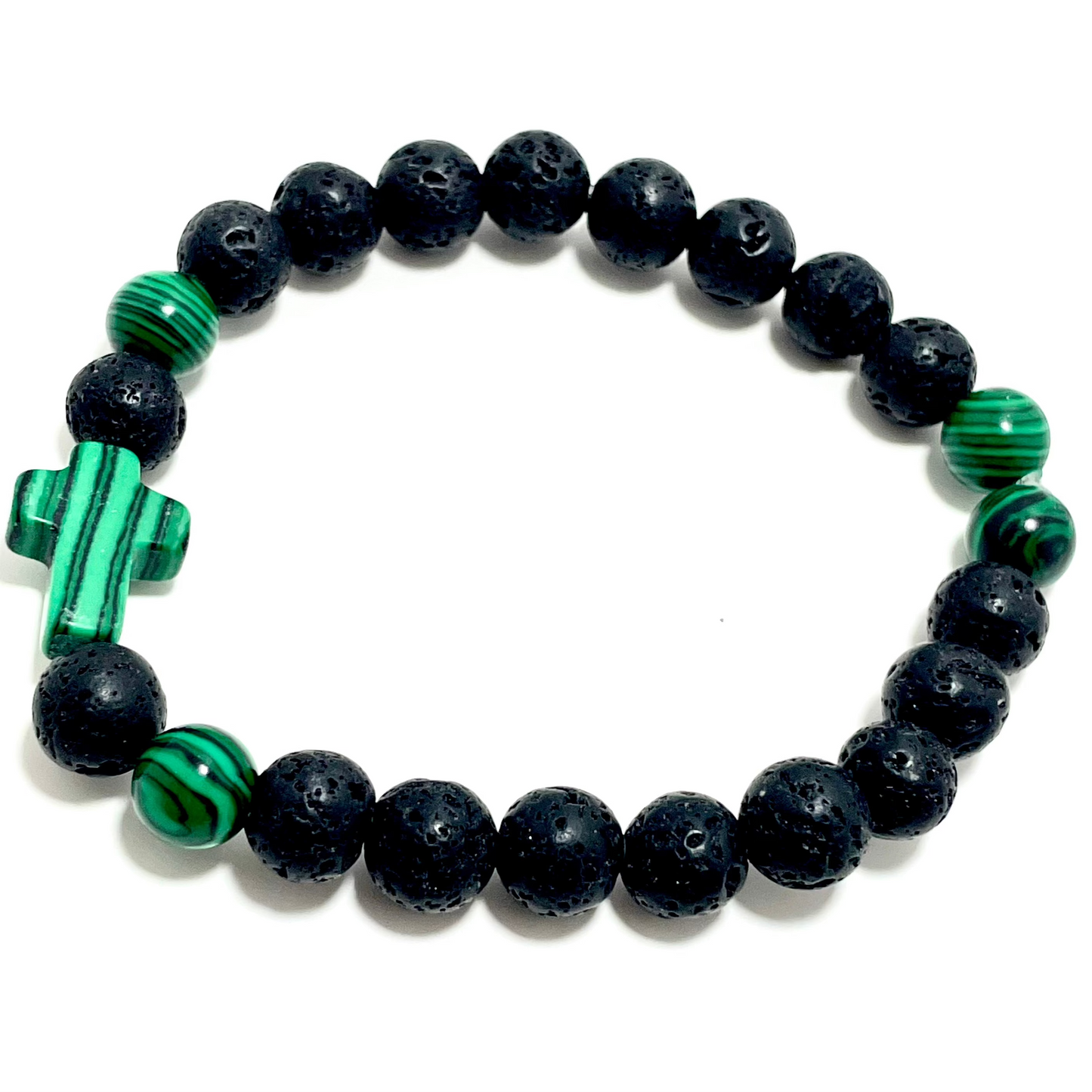 ✝️ Faithfully Rooted: 8mm Lava Stone & Malachite Diffuser Cross Bracelet