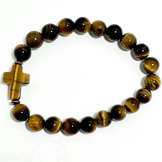 ✝️ Faithfully Rooted: 8mm Stretchy Tiger’s Eye Cross Bracelet