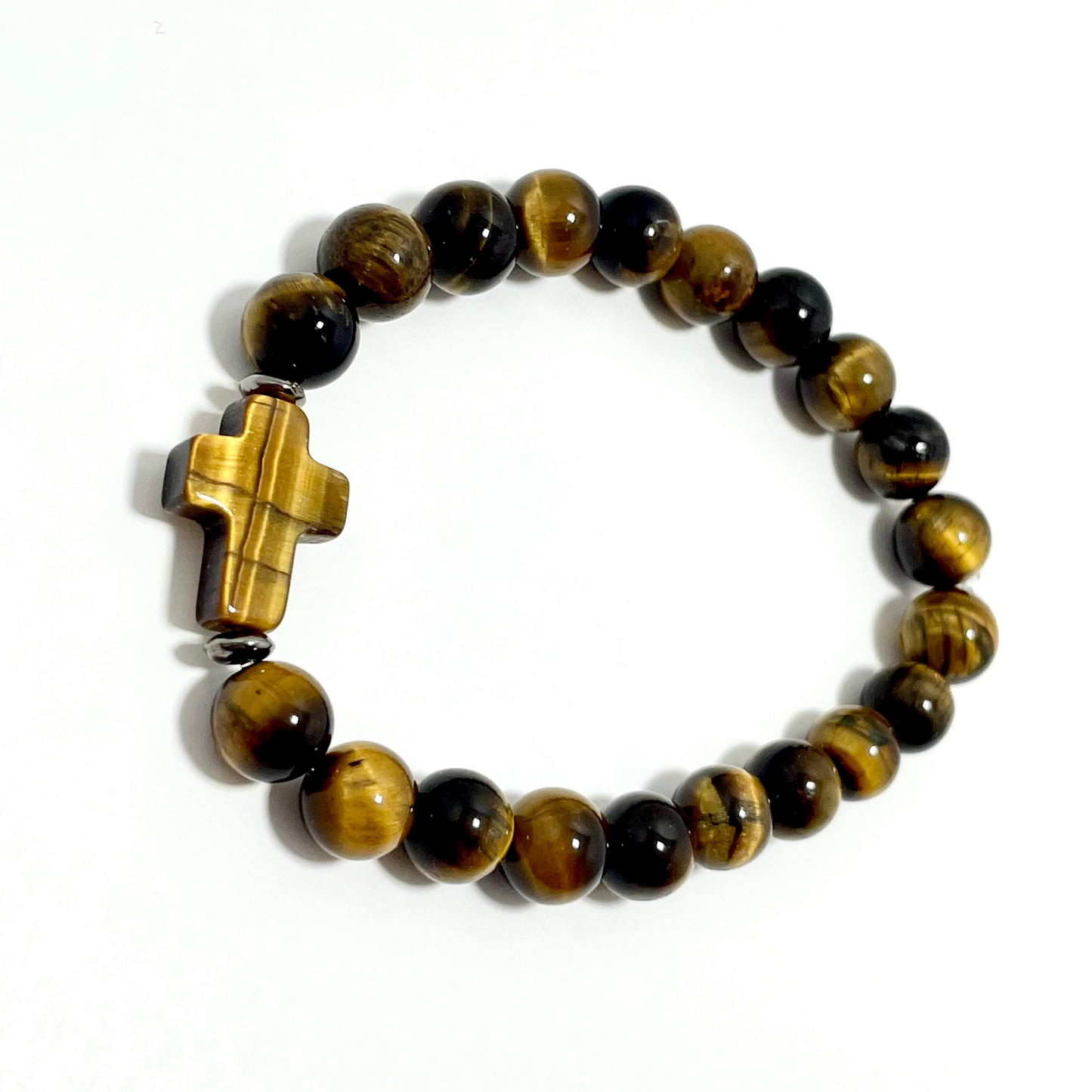 ✝️ Faithfully Rooted: 8mm Stretchy Tiger’s Eye Cross Bracelet