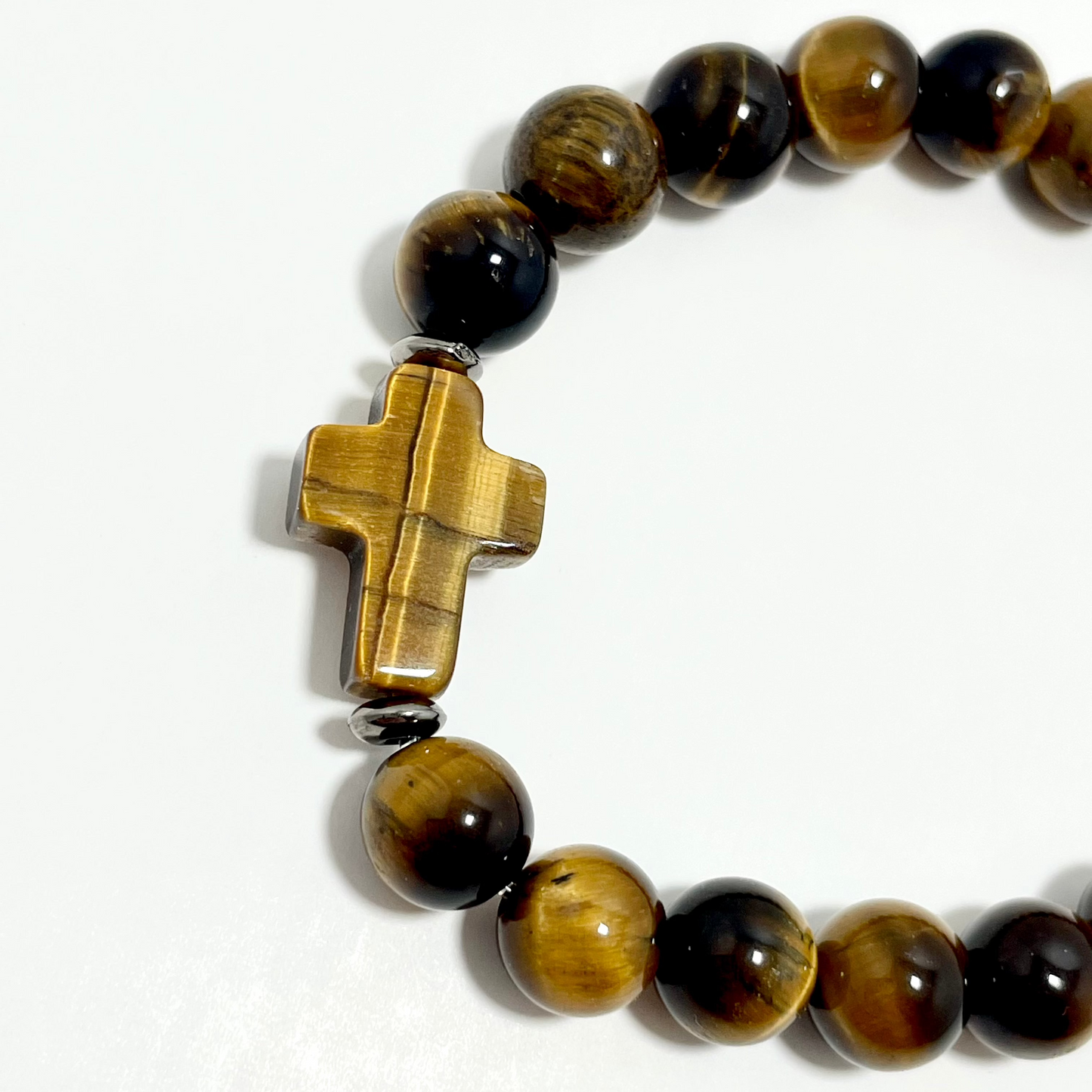 ✝️ Faithfully Rooted: 8mm Stretchy Tiger’s Eye Cross Bracelet