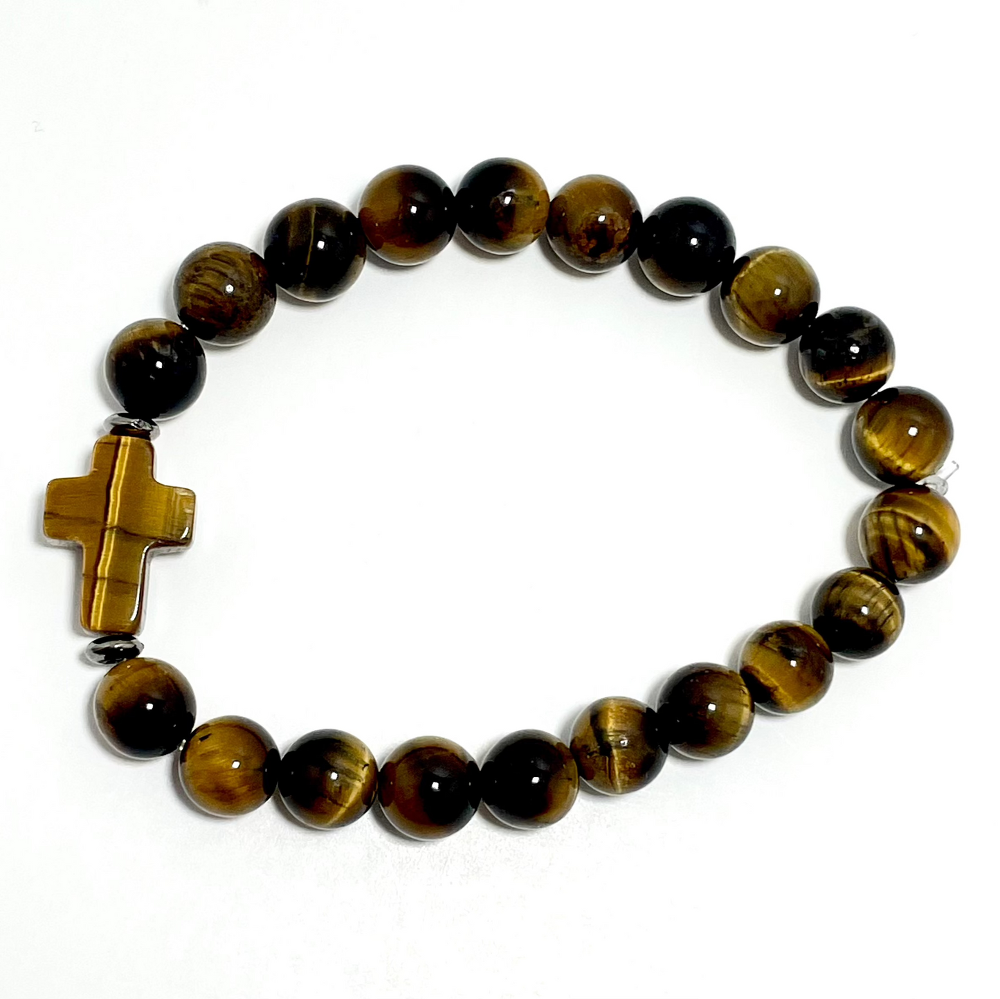 ✝️ Faithfully Rooted: 8mm Stretchy Tiger’s Eye Cross Bracelet
