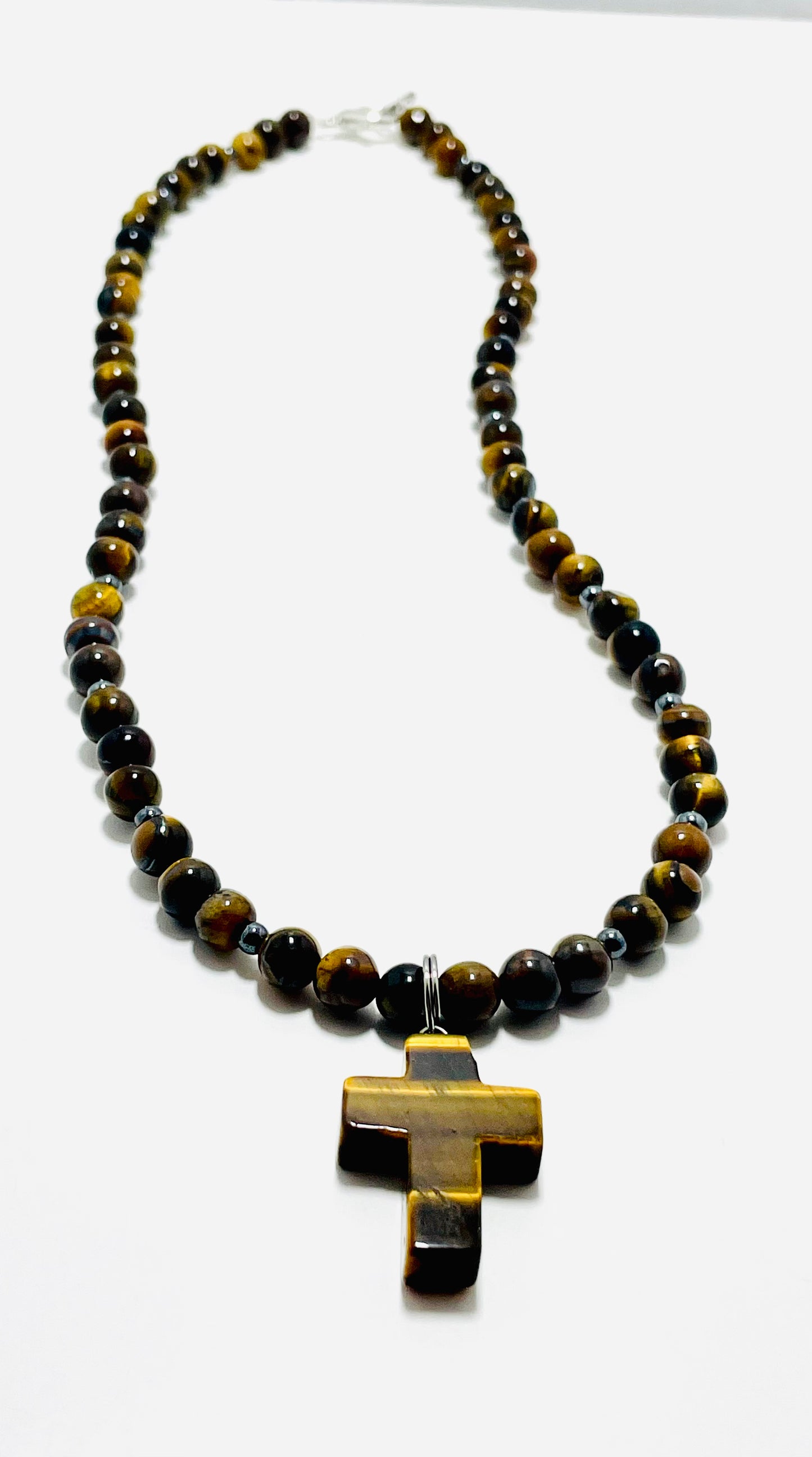 ✝️ Faithfully Rooted: 18.5" 6mm Tiger Eye & Hematite Cross Necklace
