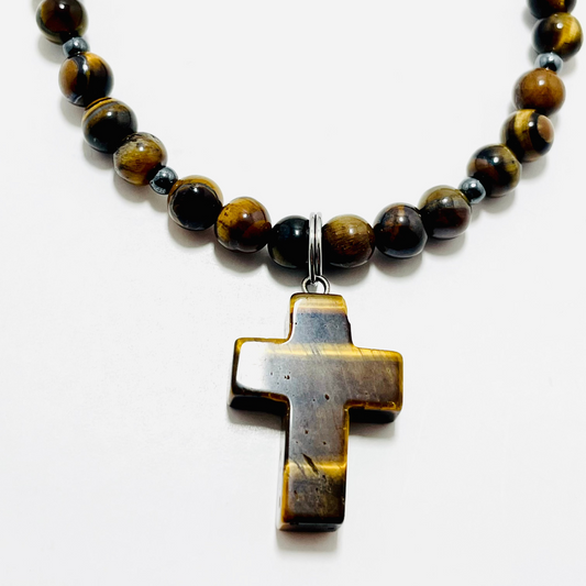 ✝️ Faithfully Rooted: 18.5" 6mm Tiger Eye & Hematite Cross Necklace