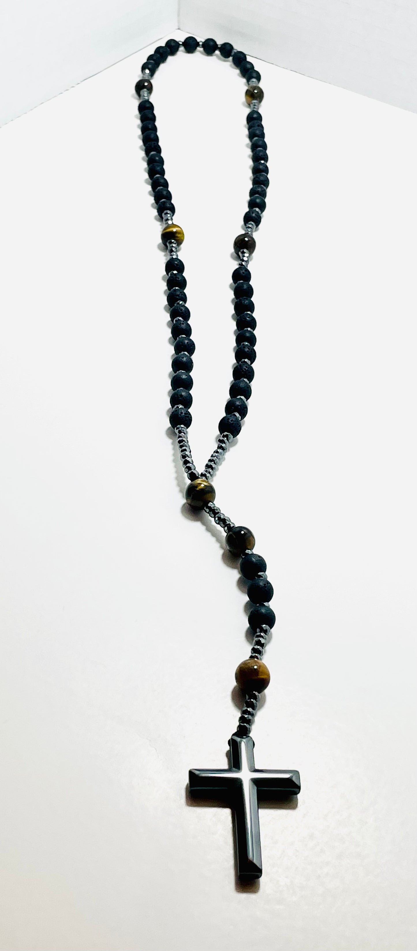 🕊️ Faithfully Rooted: Tiger’s Eye & Lava Stone Mala with Hematite Cross