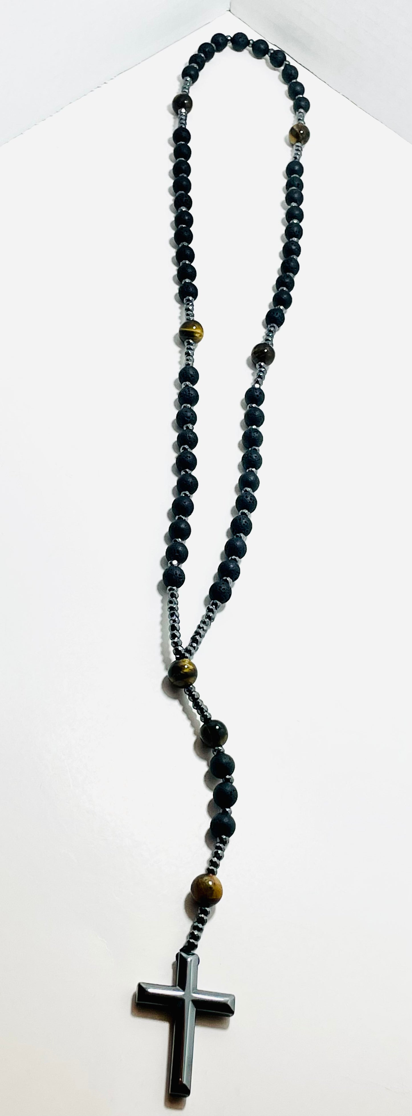 🕊️ Faithfully Rooted: Tiger’s Eye & Lava Stone Mala with Hematite Cross