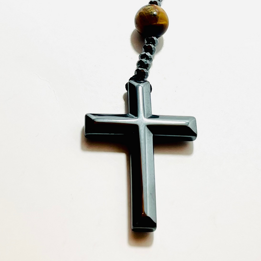 🕊️ Faithfully Rooted: Tiger’s Eye & Lava Stone Mala with Hematite Cross