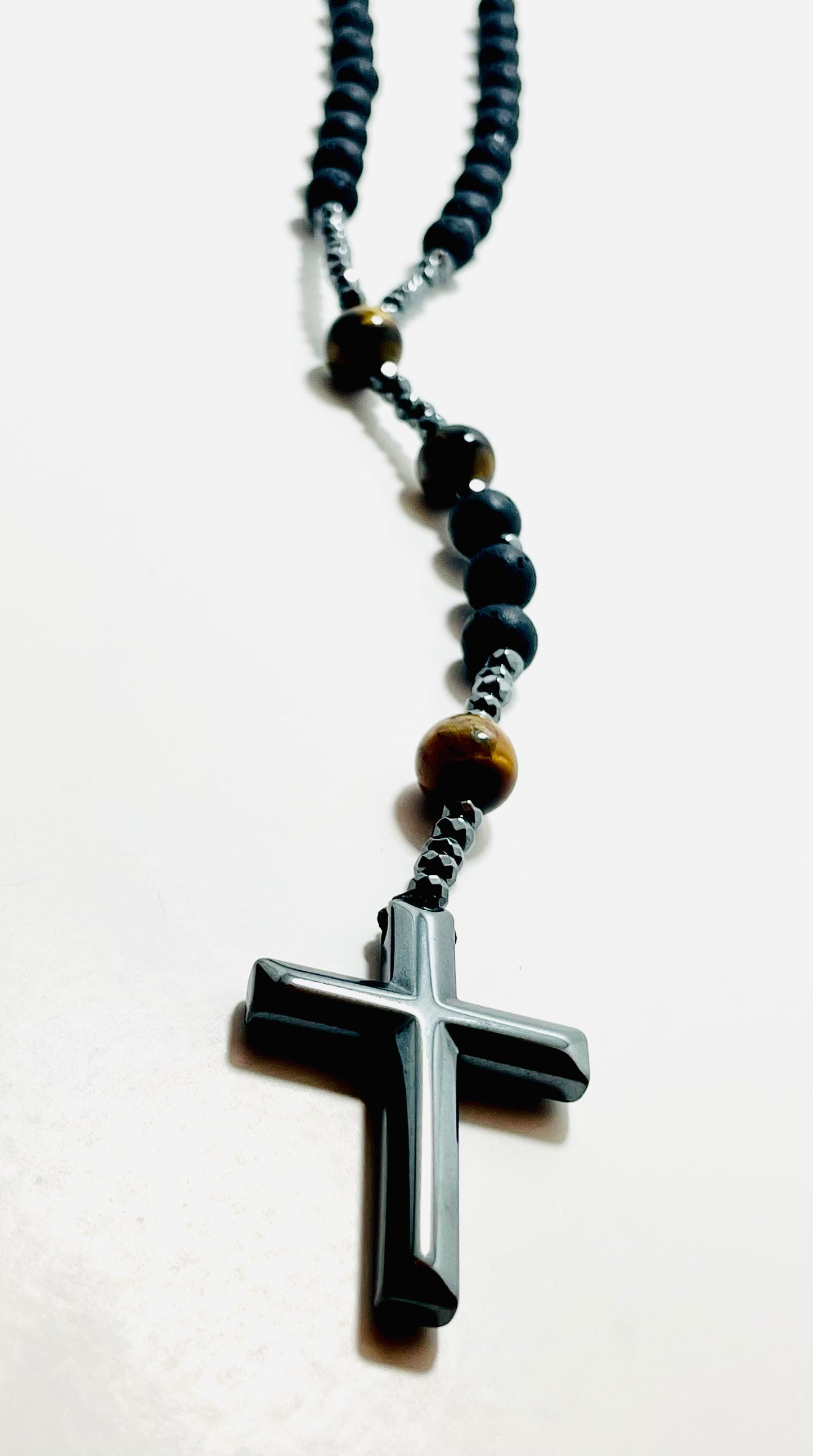 🕊️ Faithfully Rooted: Tiger’s Eye & Lava Stone Mala with Hematite Cross