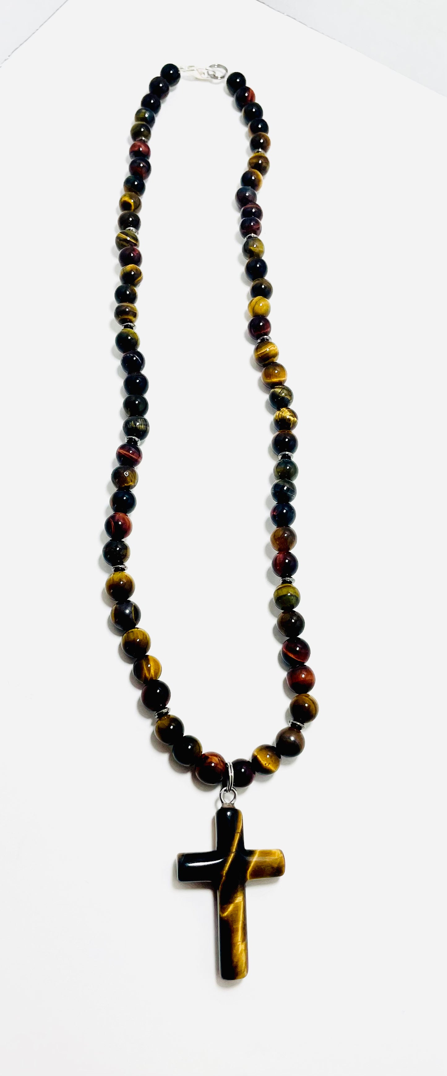 ✝️ Faithfully Rooted: 22" Red & Brown Tiger’s Eye Cross Necklace