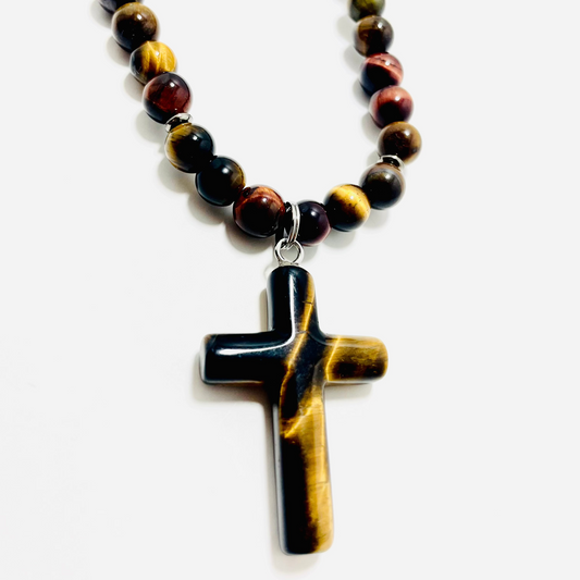 ✝️ Faithfully Rooted: 22" Red & Brown Tiger’s Eye Cross Necklace