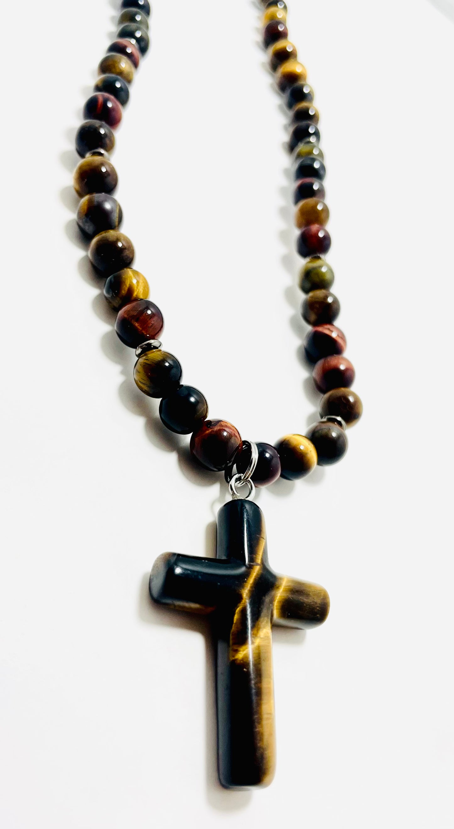 ✝️ Faithfully Rooted: 22" Red & Brown Tiger’s Eye Cross Necklace