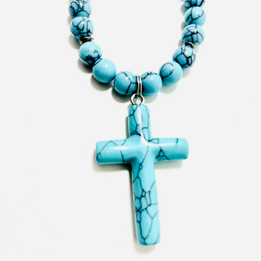 ✝️ Faithfully Rooted: 22" Turquoise Cross Necklace