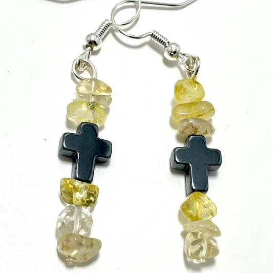 ✟ Hematite Cross Earrings – Adorned with Citrine Chips