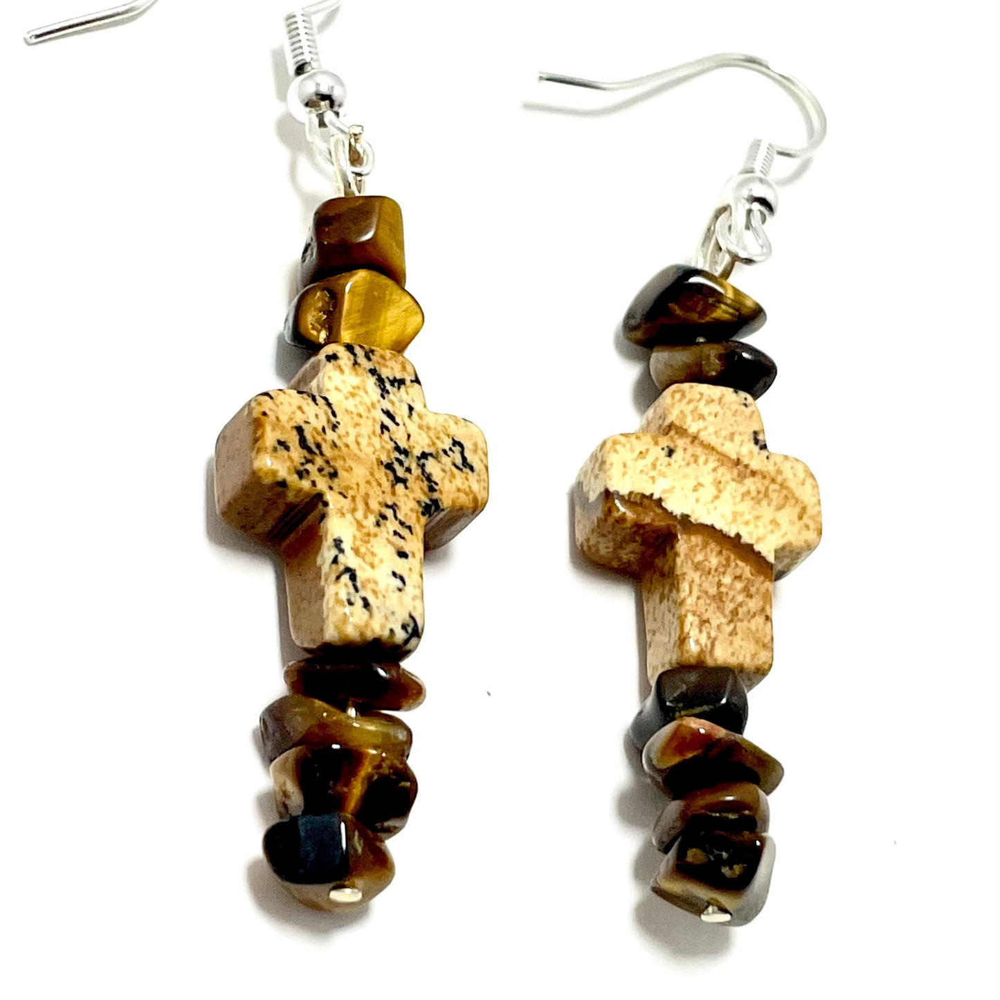 ✟ Brown Jasper Cross Earrings – Adorned with Tiger's Eye Chips