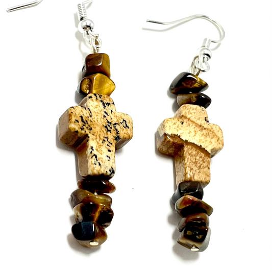 ✟ Brown Jasper Cross Earrings – Adorned with Tiger's Eye Chips