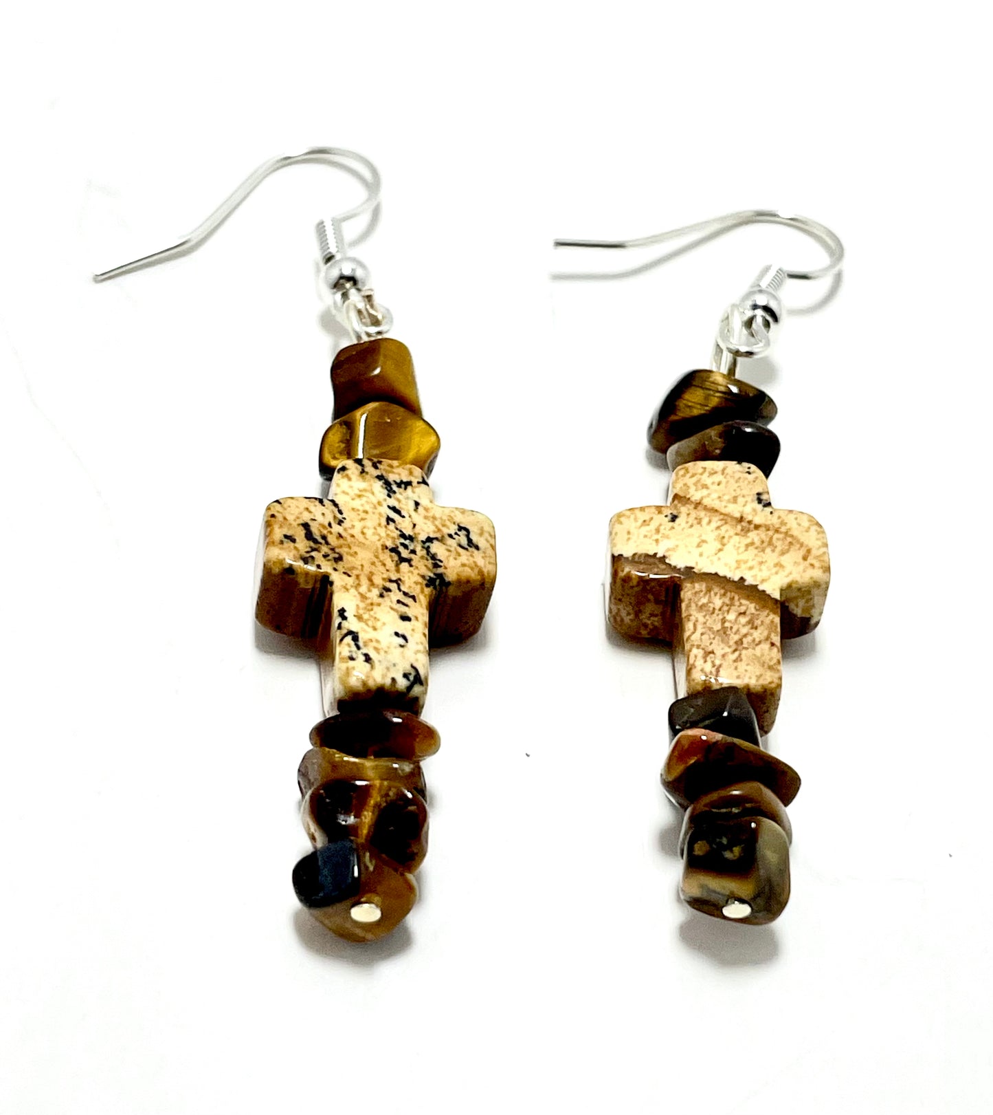 ✟ Brown Jasper Cross Earrings – Adorned with Tiger's Eye Chips