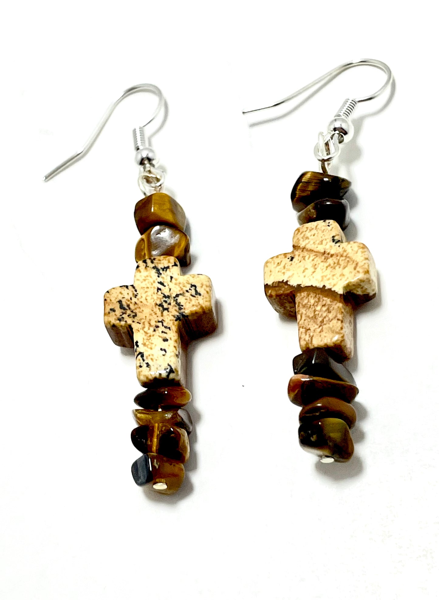 ✟ Brown Jasper Cross Earrings – Adorned with Tiger's Eye Chips