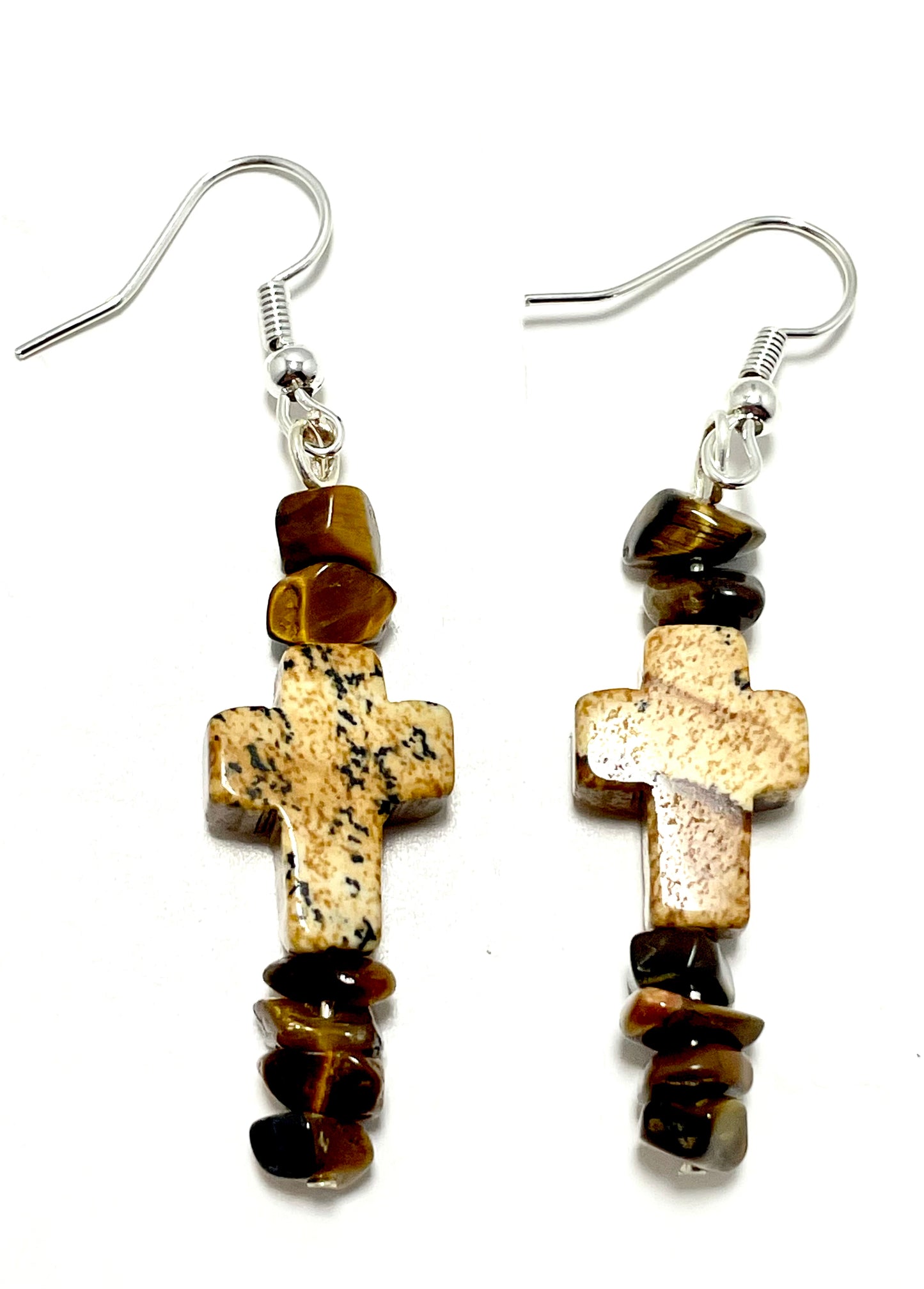 ✟ Brown Jasper Cross Earrings – Adorned with Tiger's Eye Chips