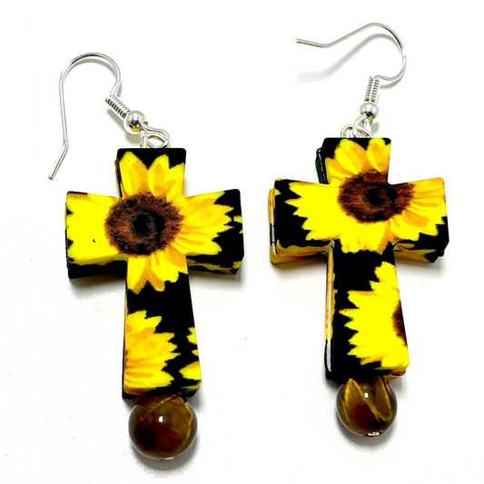 🌻  Sunflower Cross Earrings – Adorned with Tiger’s Eye