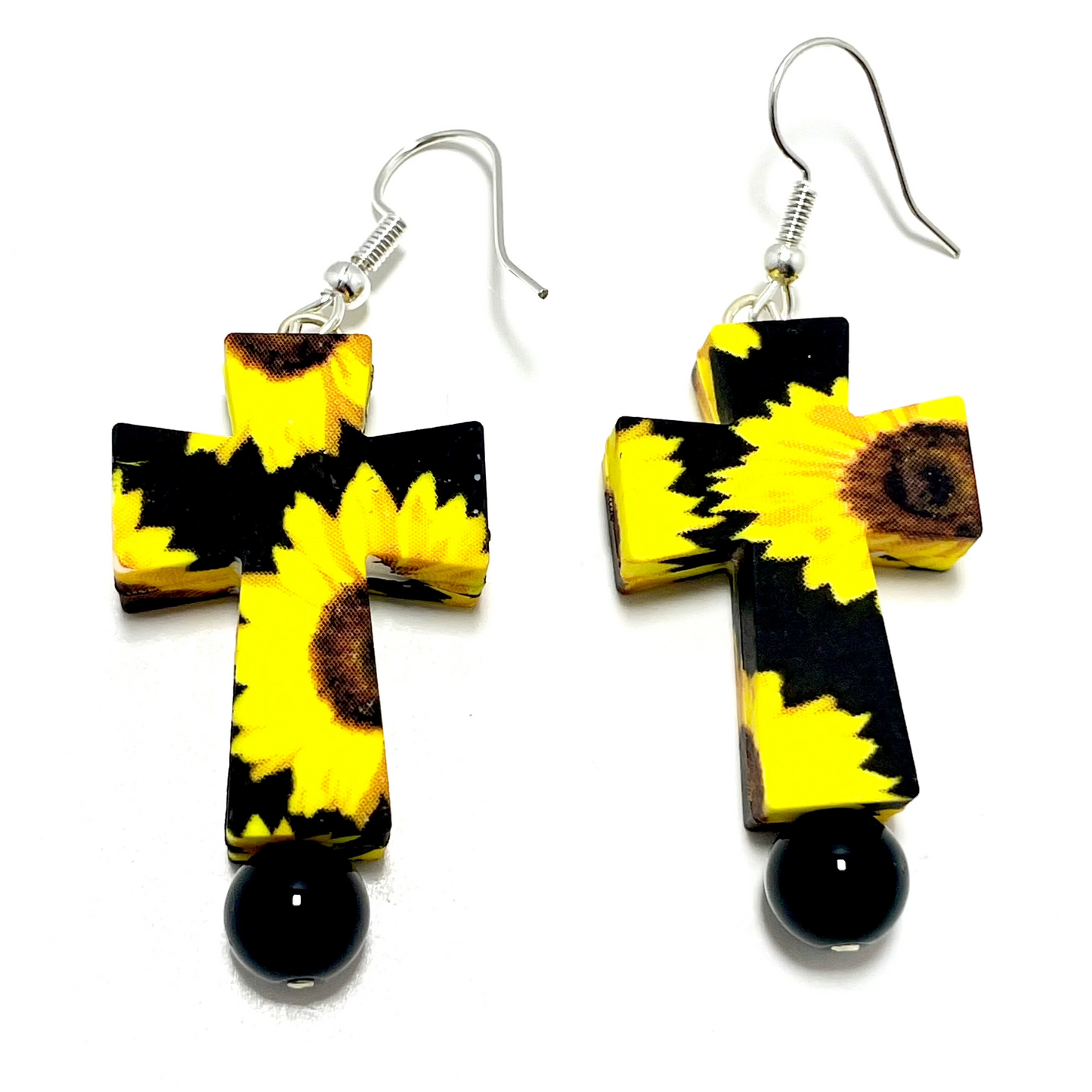 🌻 Sunflower Cross Earrings – Adorned with Onyx
