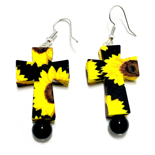 🌻 Sunflower Cross Earrings – Adorned with Onyx