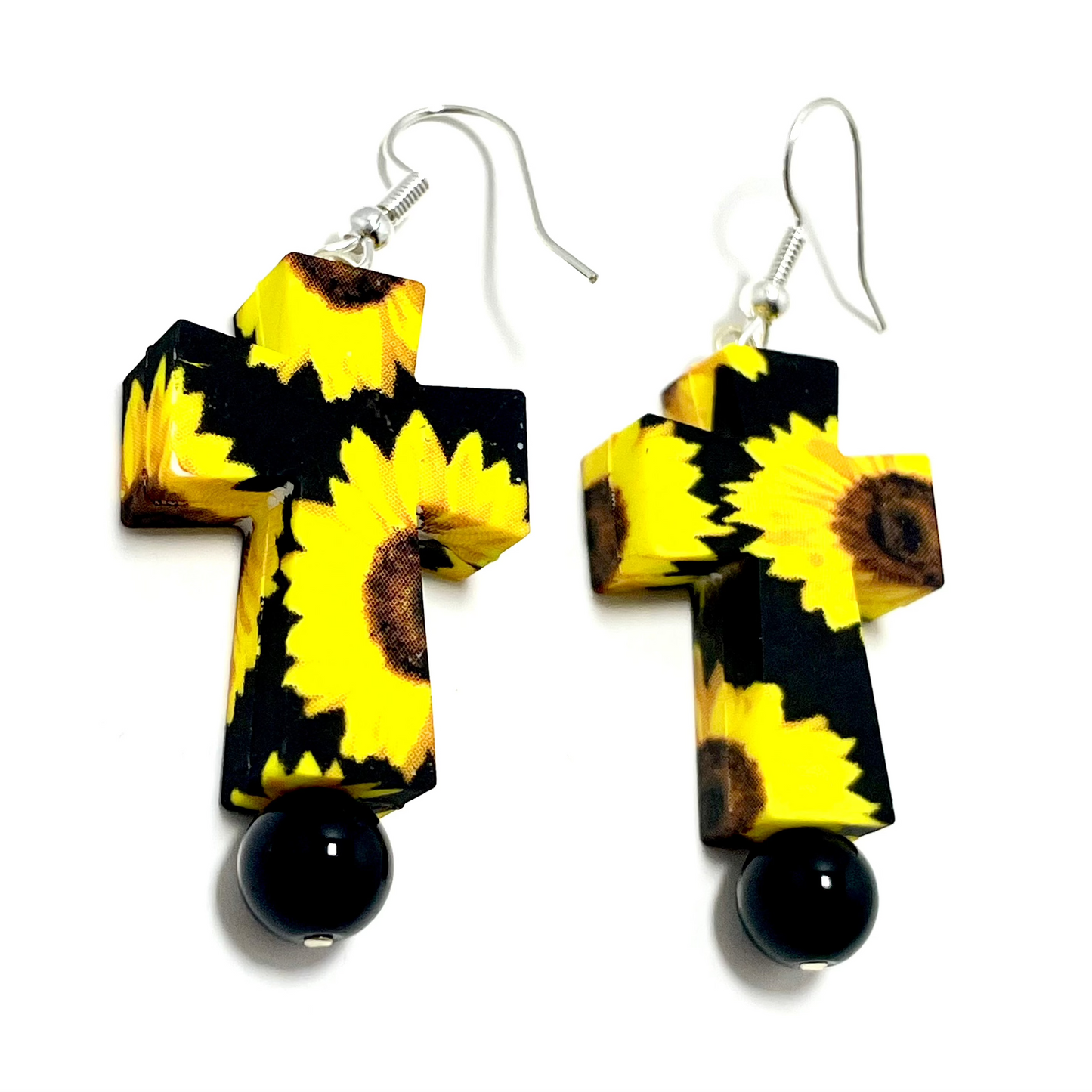 🌻 Sunflower Cross Earrings – Adorned with Onyx