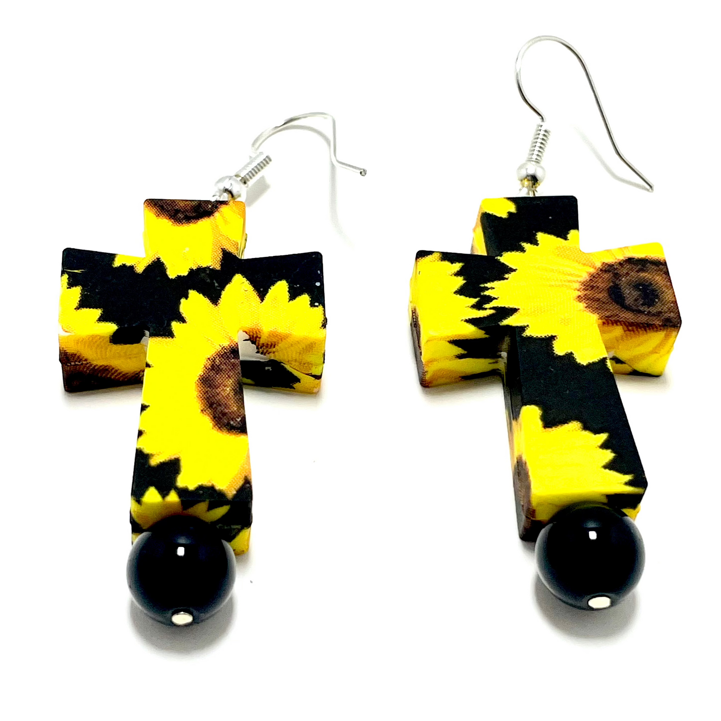 🌻 Sunflower Cross Earrings – Adorned with Onyx