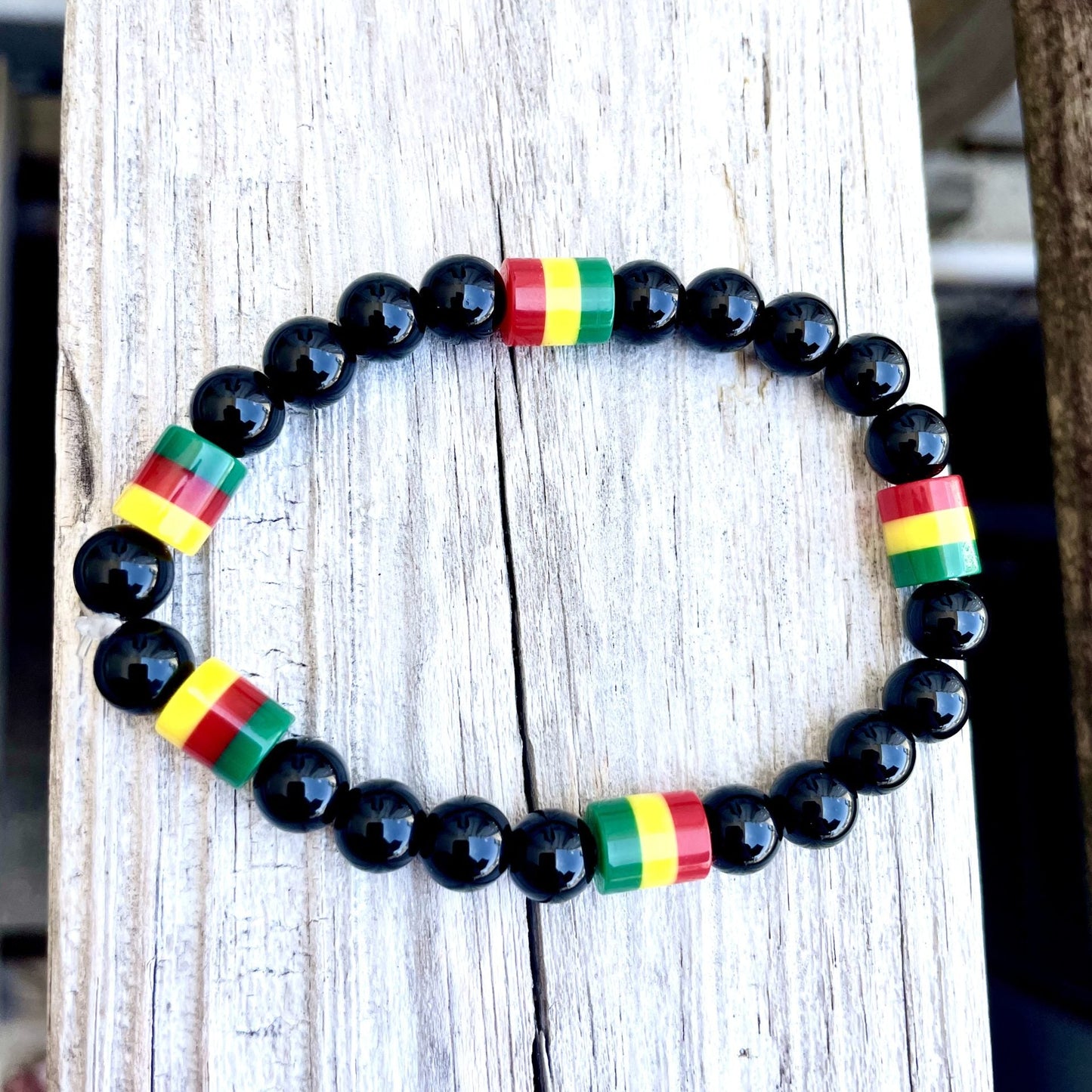 🌿🖤💛❤️ Stretchy 8mm Onyx Rasta Bracelet