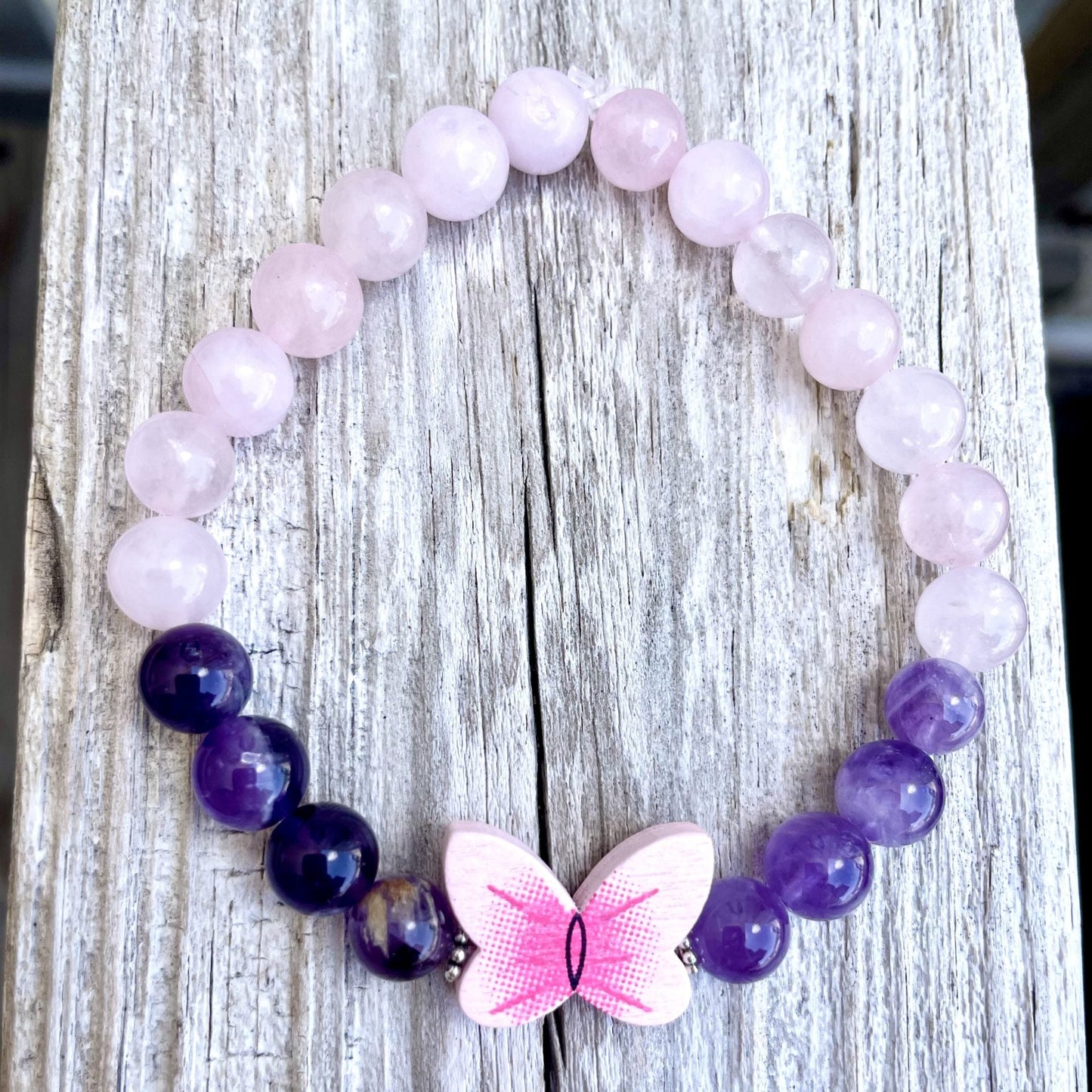 🦋💖 Stretchy 8mm Rose Quartz & Amethyst Butterfly Bracelet