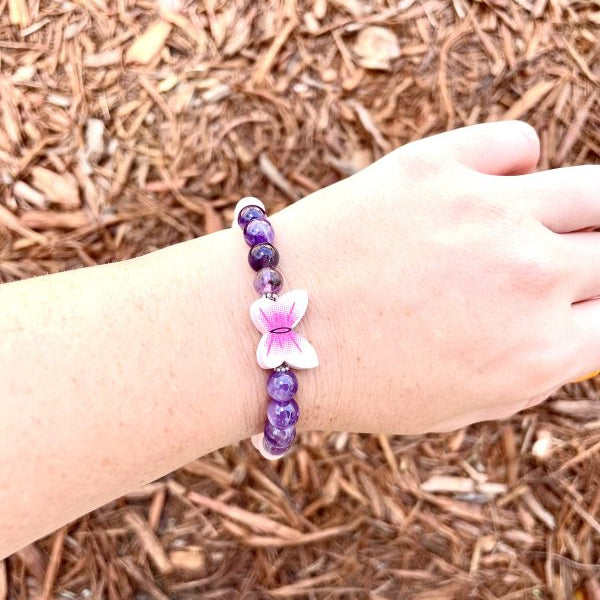 🦋💖 Stretchy 8mm Rose Quartz & Amethyst Butterfly Bracelet