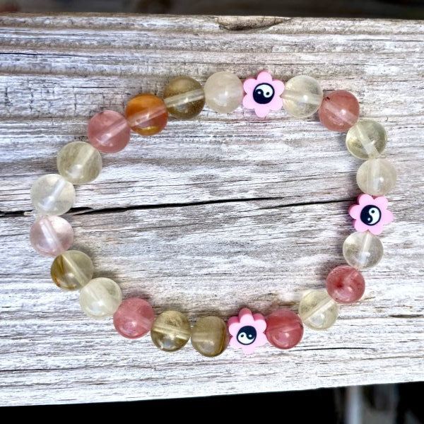 🌸✨ Stretchy 8mm Pink Fluorite Yin-Yang Flower Bracelet