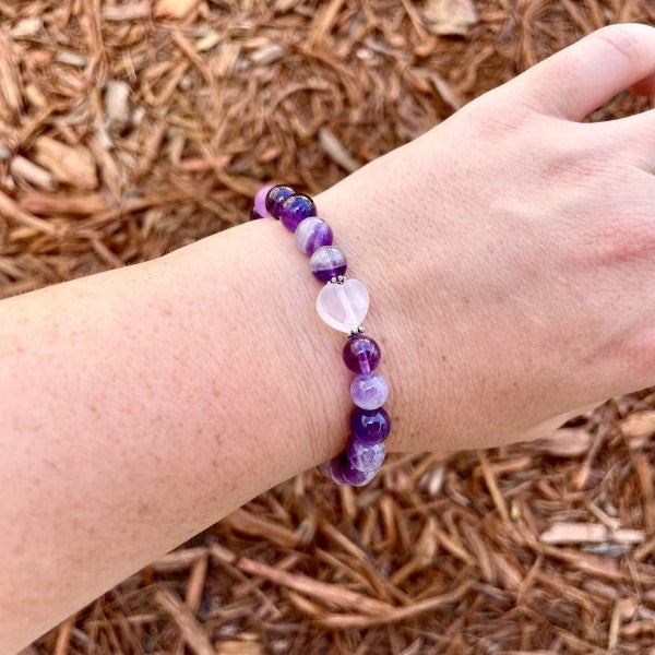 💜💖 Stretchy 8mm Amethyst & Rose Quartz Heart Bracelet