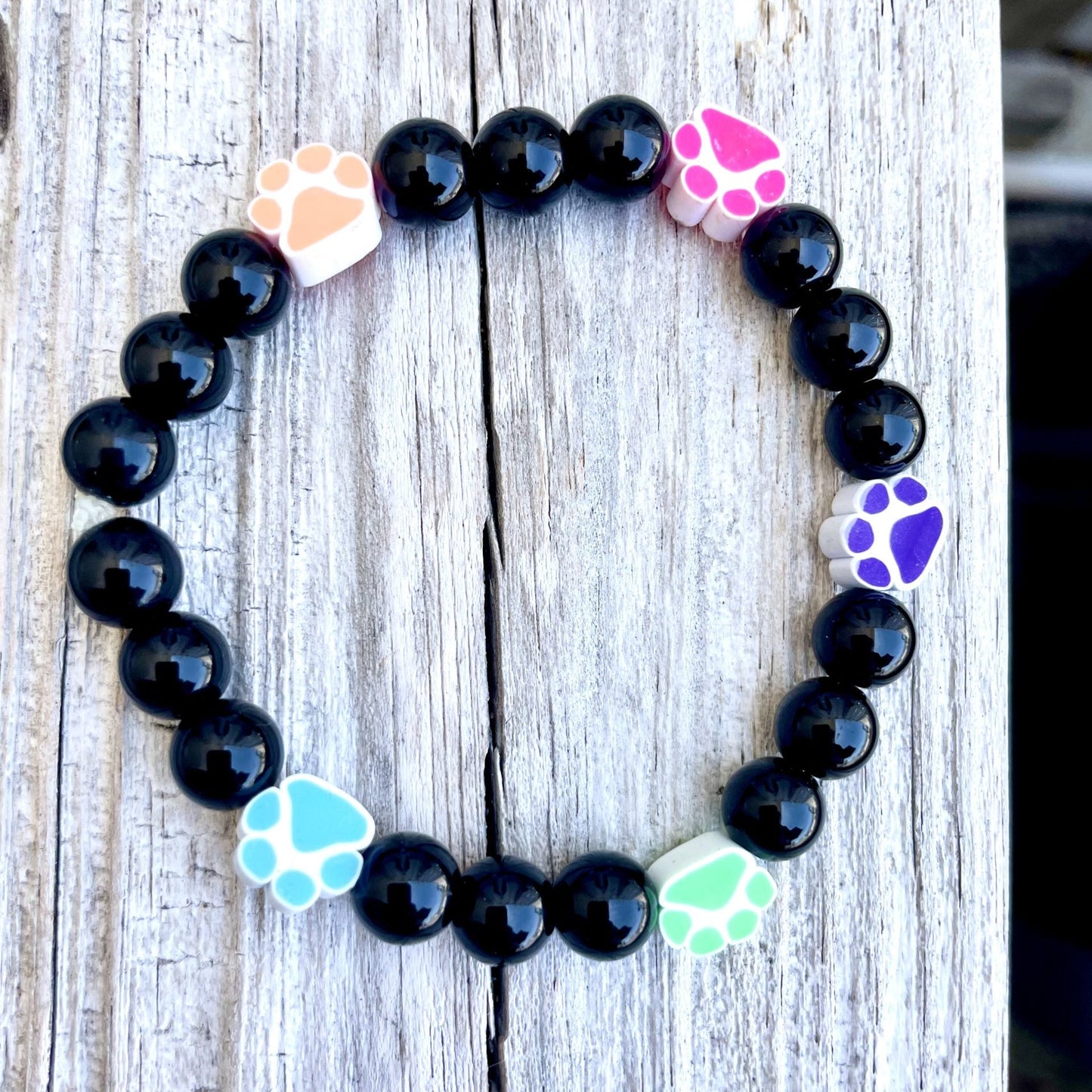 🐾🌈 Stretchy 8mm Onyx Rainbow Paw Print Bracelet