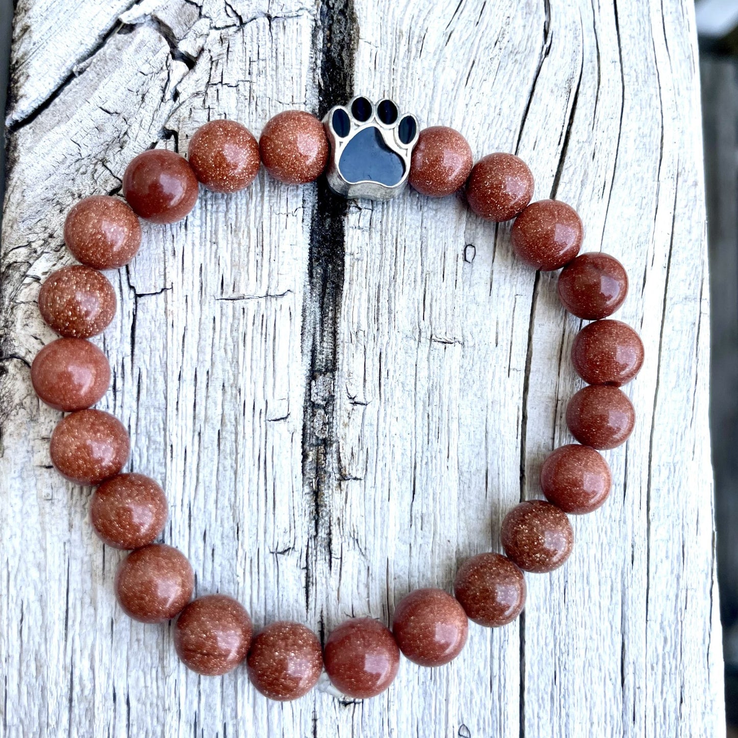 🐾✨ Stretchy 8mm Goldstone Paw Print Bracelet