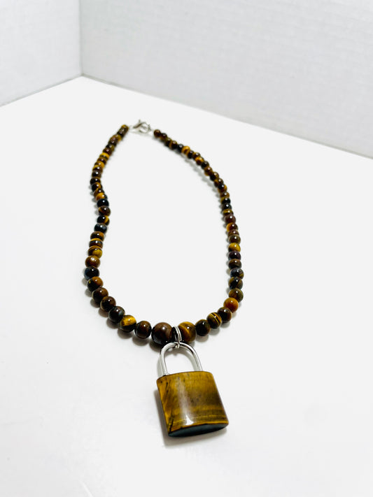 🔒🐯 Fierce Focus Padlock Choker – 17” Tiger’s Eye & Stainless Steel Power Necklace