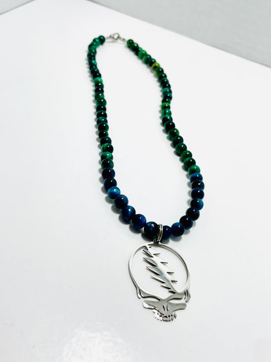 🎸 16.5” Grateful Dead Choker Necklace Adorned with Blue & Green Tiger’s Eye Beads