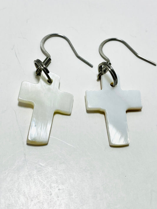 Faithfully Rooted Shell Cross Earrings with Stainless Steel Hooks – Handmade by Mad Mellow