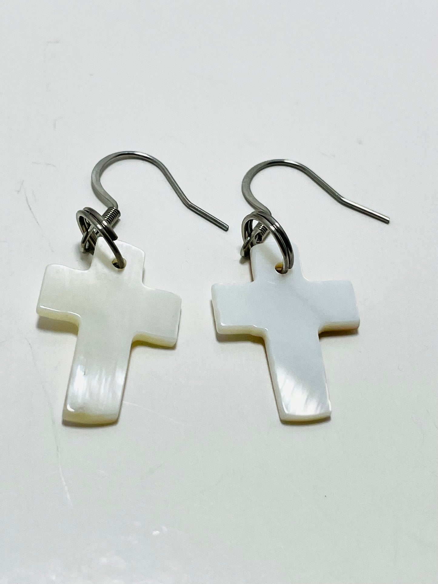 Faithfully Rooted Shell Cross Earrings with Stainless Steel Hooks – Handmade by Mad Mellow
