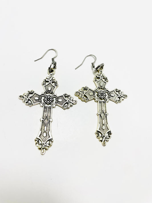 Boho Stainless Steel Cross Earrings – Large Statement Earrings with Hooks | Handmade by Mad Mellow