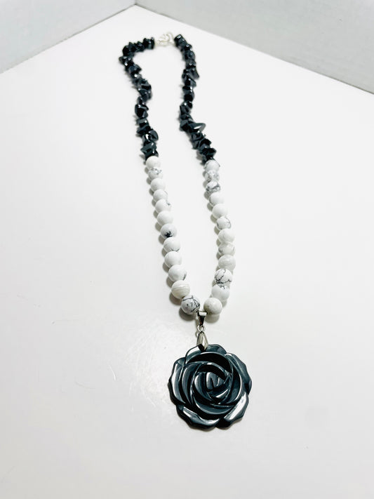 🌹✨ Pyrite Rose Necklace – 22” Howlite & Hematite Crystal Power