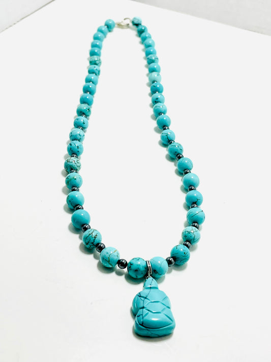 🐢🔷 Tranquil Strength Turtle Necklace – 21.5” Turquoise & Hematite Balance Vibes