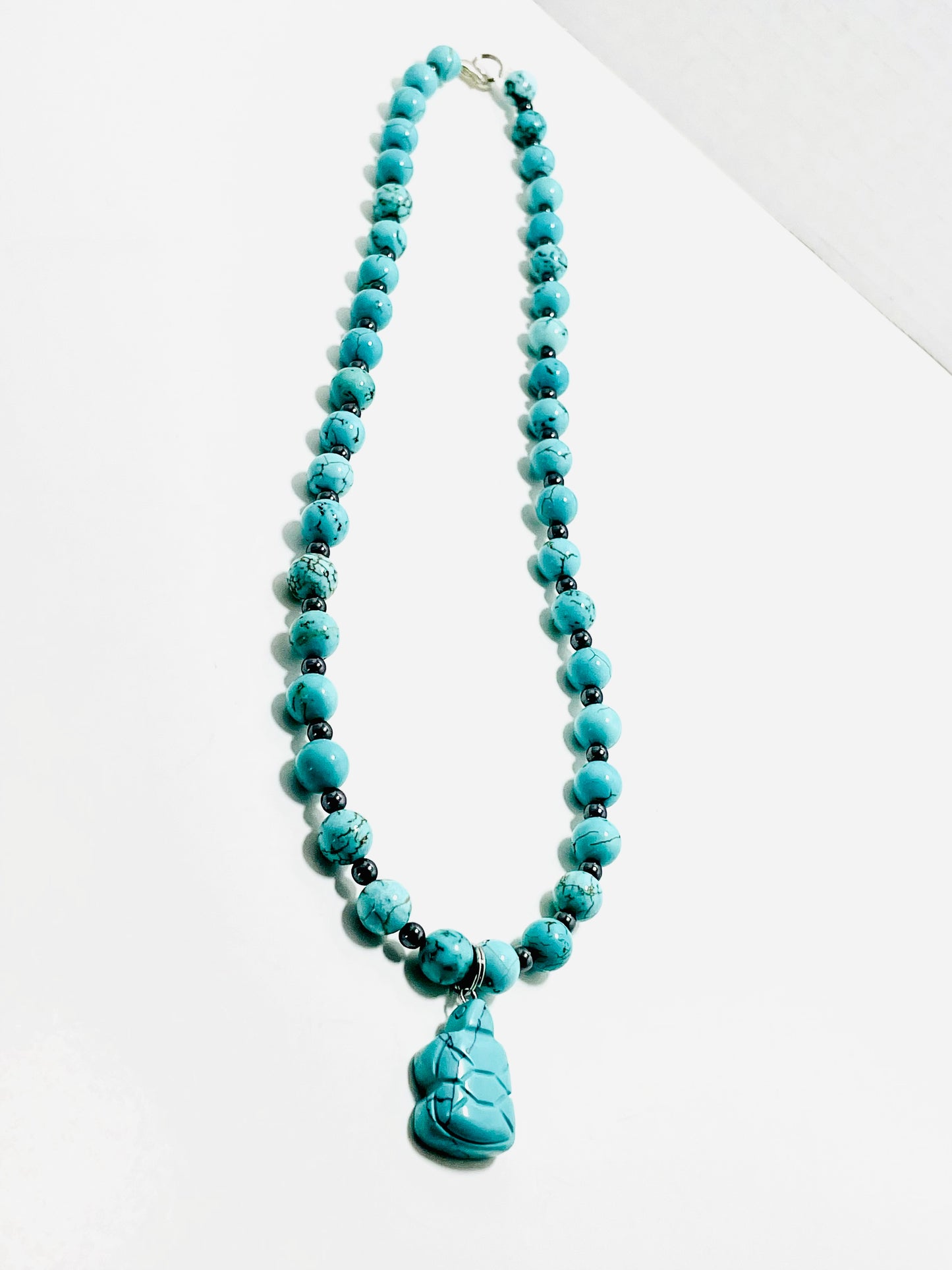 🐢🔷 Tranquil Strength Turtle Necklace – 21.5” Turquoise & Hematite Balance Vibes