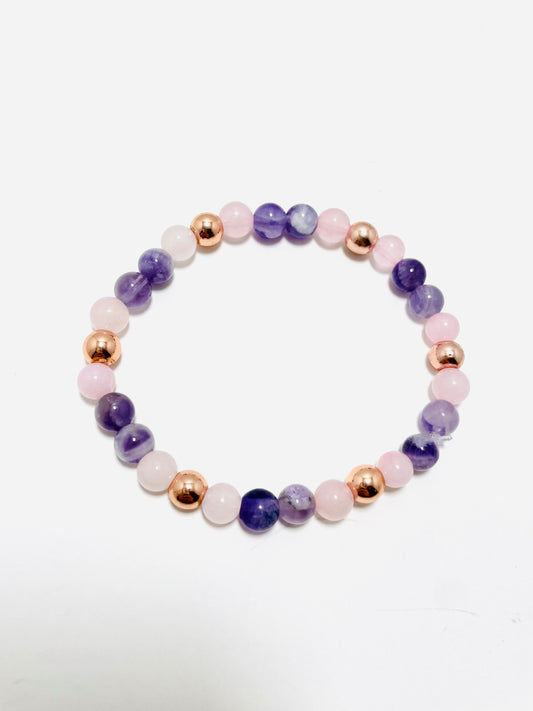 6mm Rose Quartz, Amethyst &amp; Rose Gold Bracelet – Handmade by Mad Mellow