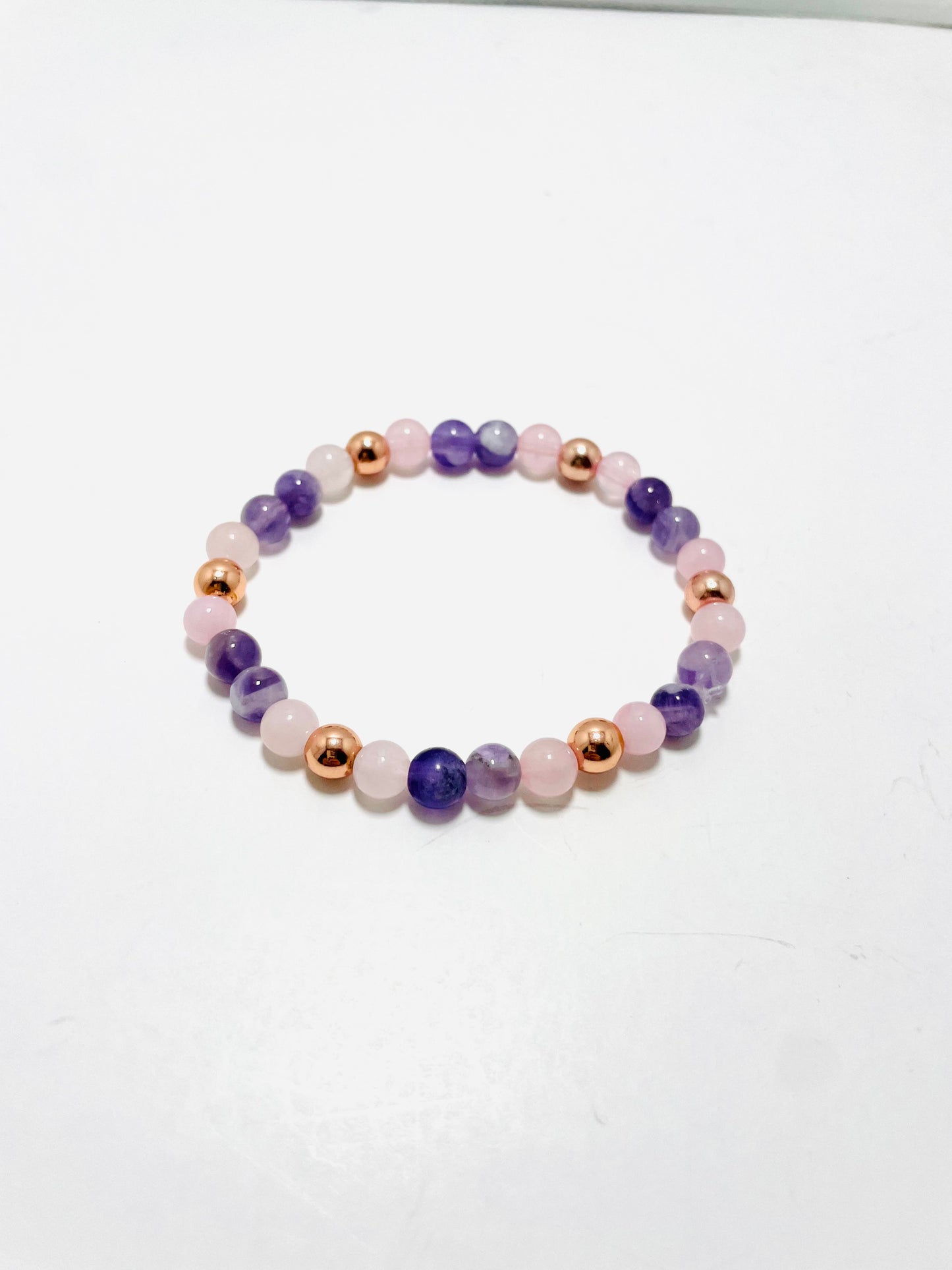 6mm Rose Quartz, Amethyst &amp; Rose Gold Bracelet – Handmade by Mad Mellow