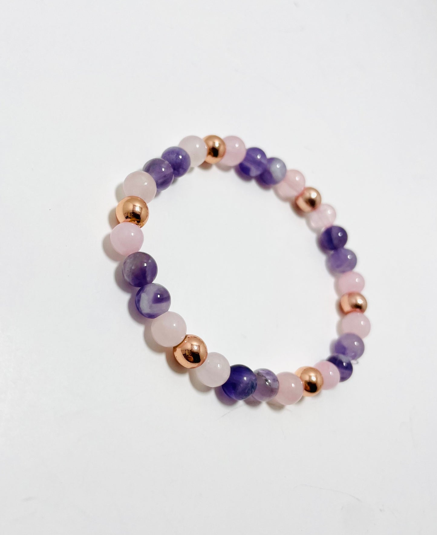 6mm Rose Quartz, Amethyst &amp; Rose Gold Bracelet – Handmade by Mad Mellow
