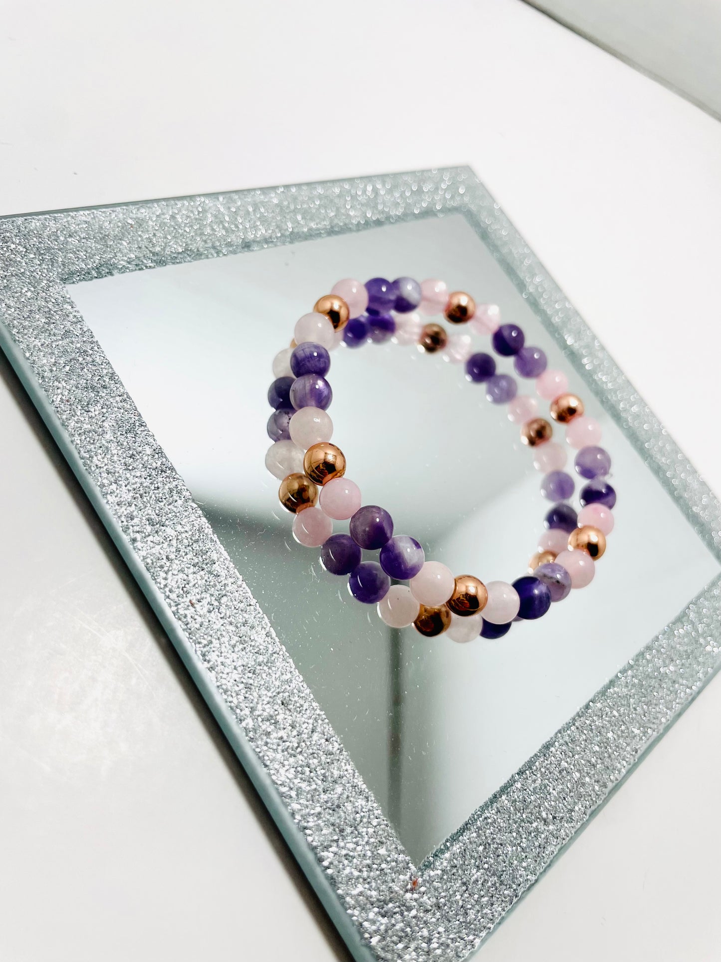 6mm Rose Quartz, Amethyst &amp; Rose Gold Bracelet – Handmade by Mad Mellow