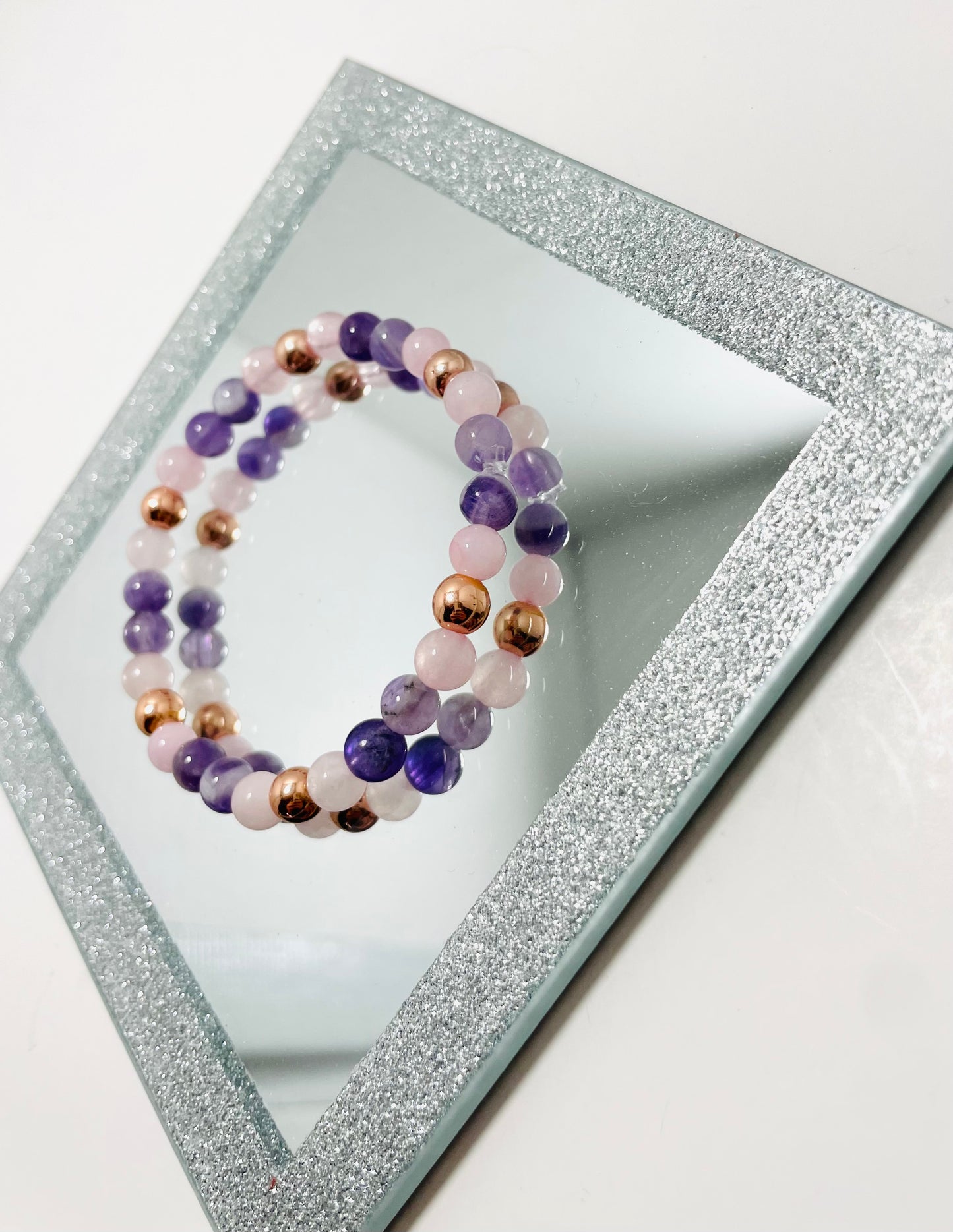 6mm Rose Quartz, Amethyst &amp; Rose Gold Bracelet – Handmade by Mad Mellow