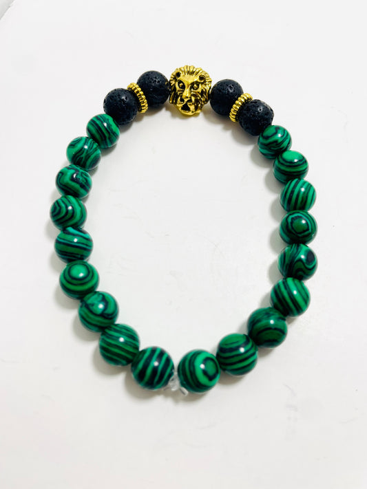 Lion of Judah Diffuser Bracelet – 8mm Malachite & Lava Stone with Gold Lion Beads | Handmade by Mad Mellow