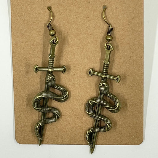 Bronze Snake With Sword Dangle Earrings